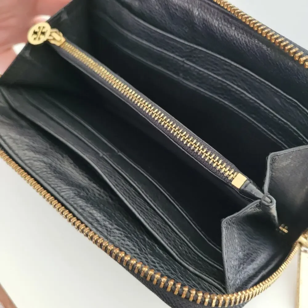 Tory Burch Solid Black Pebble Leather Zip Around Large Wallet Long Clutch Logo